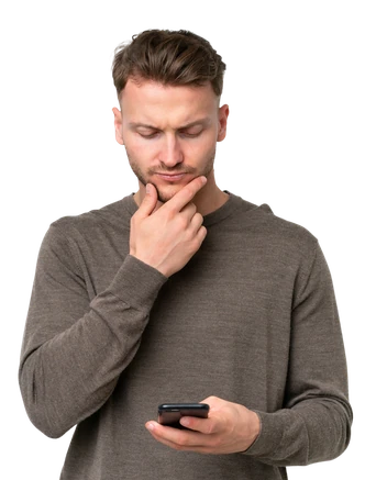 Thoughtful man reading his phone