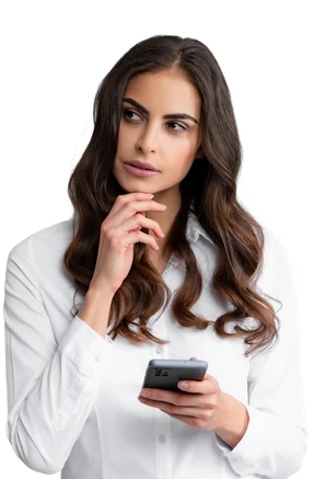 Woman in a white shirt holding her phone