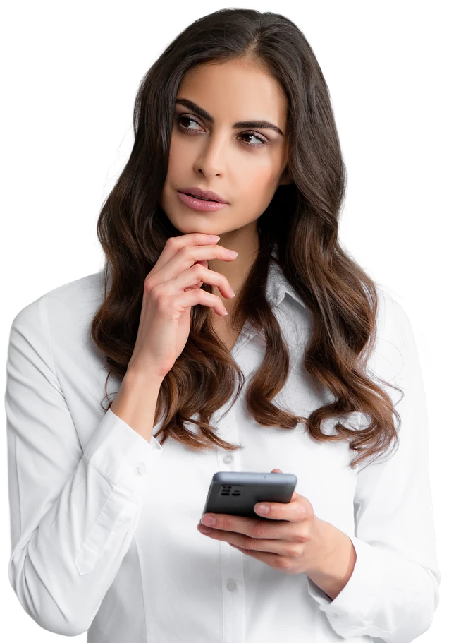 Woman in a white shirt thinking over her phone