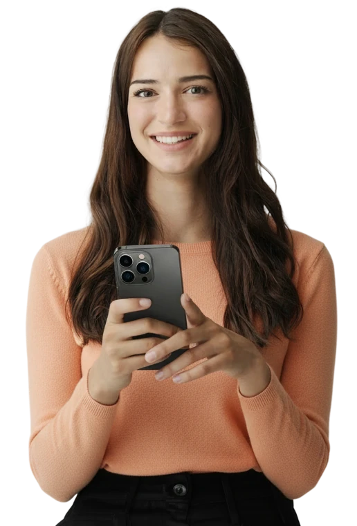Smiling woman holding her phone with both hands